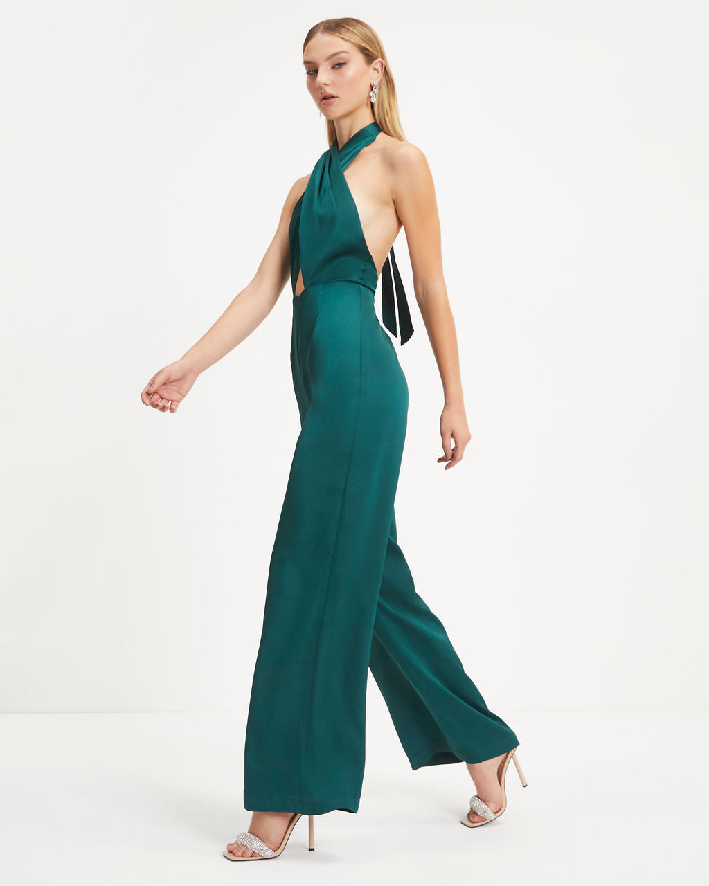 Selena Satin Criss Cross Halter Jumpsuit - Hunter Green