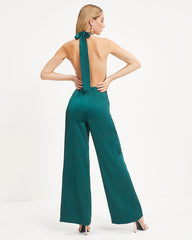 Selena Satin Criss Cross Halter Jumpsuit - Hunter Green