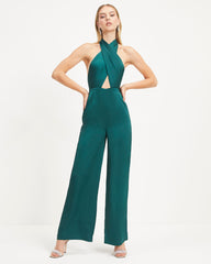 Selena Satin Criss Cross Halter Jumpsuit - Hunter Green