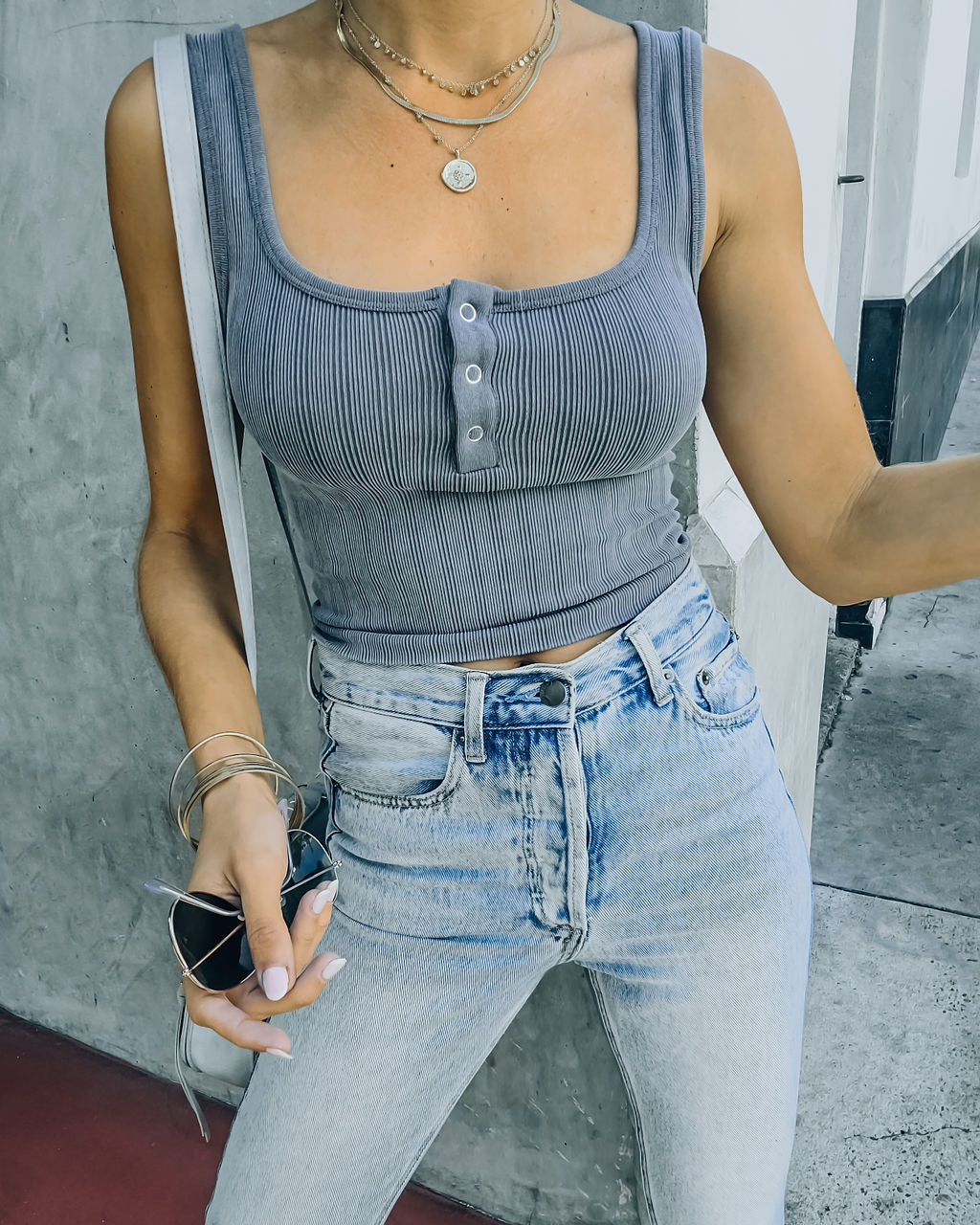 Selina Henley Crop Tank - Grey