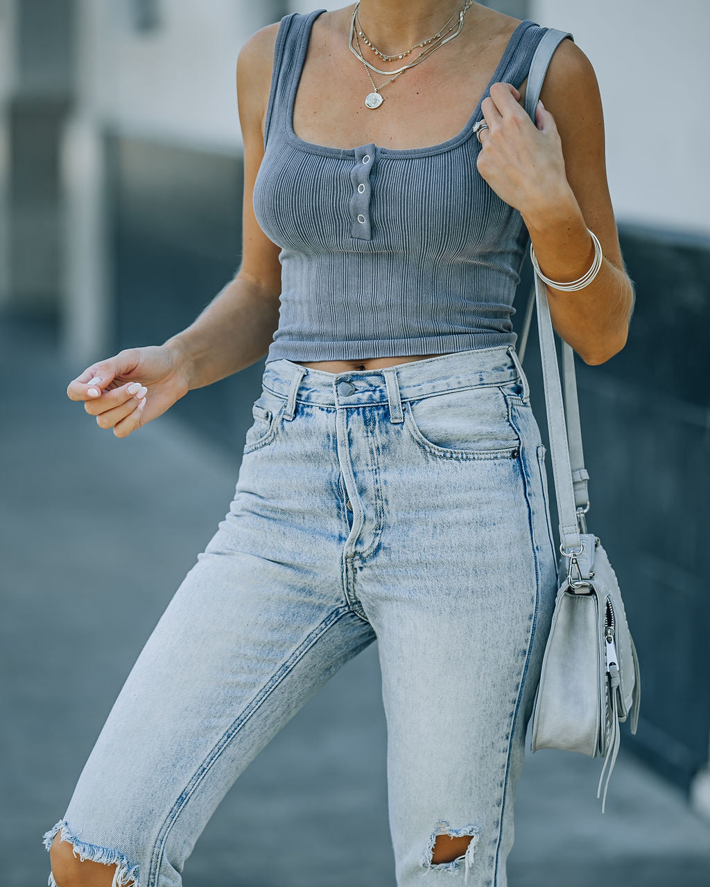 Selina Henley Crop Tank - Grey