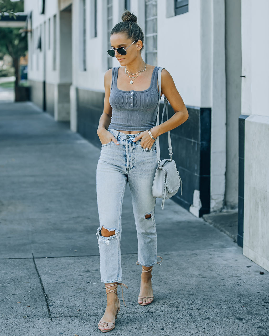 Selina Henley Crop Tank - Grey