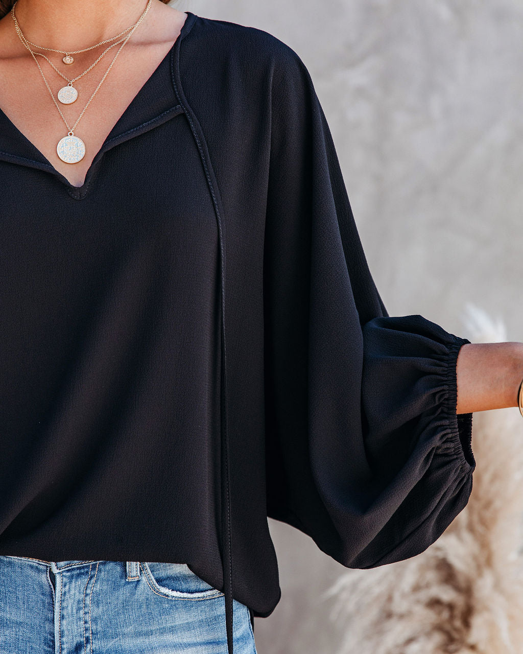 Shary Split Neck Blouse - Black