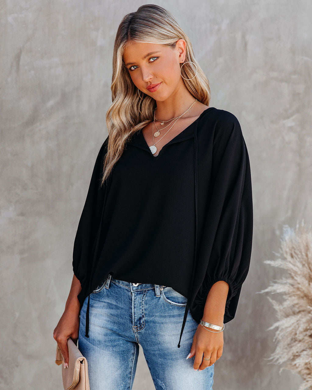 Shary Split Neck Blouse - Black