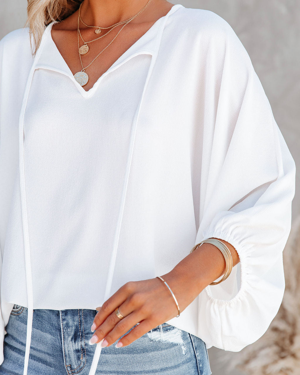 Shary Split Neck Blouse - White