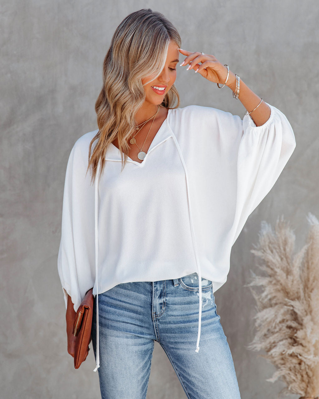 Shary Split Neck Blouse - White