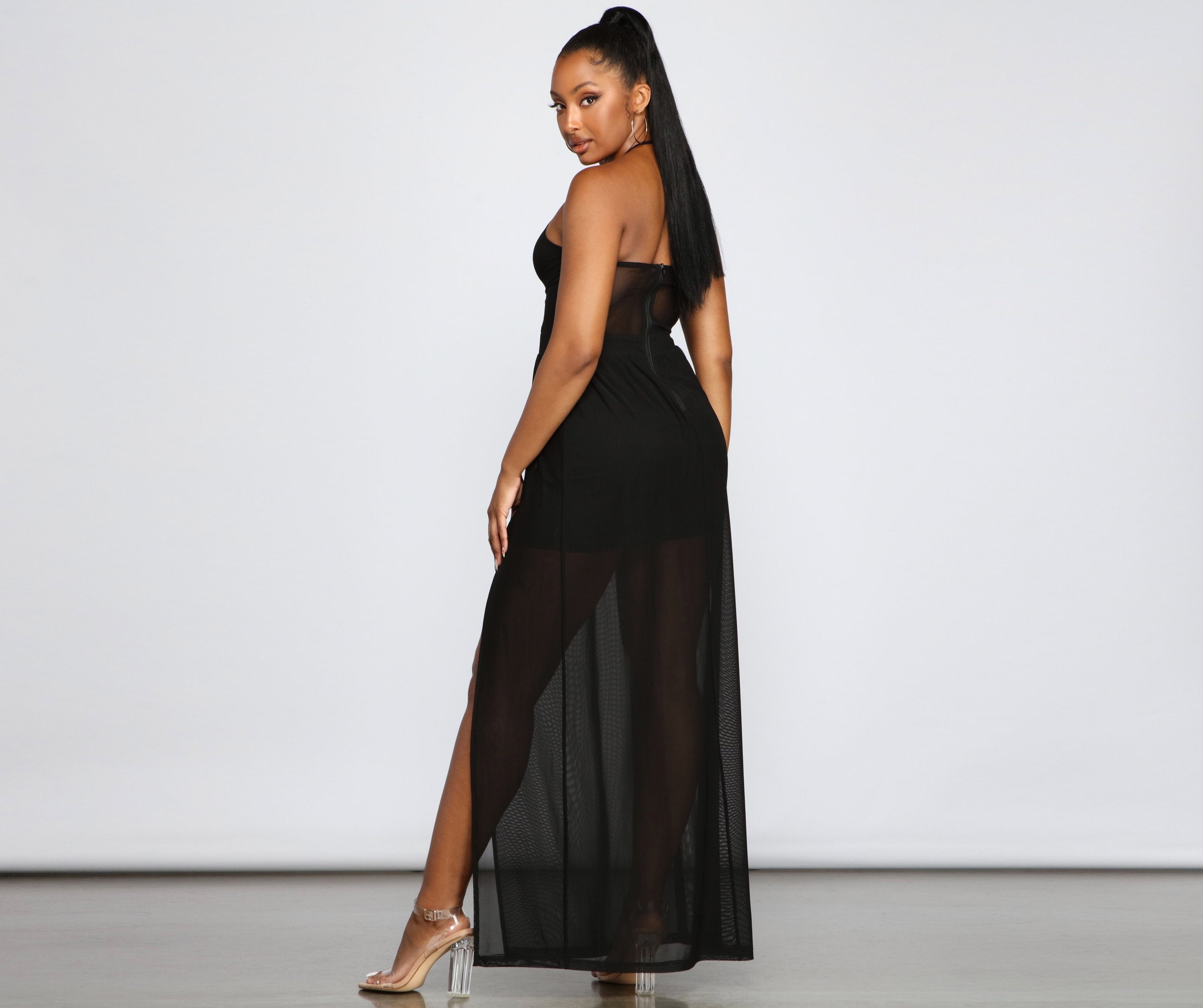 Sheer Appeal High Slit Halter Dress