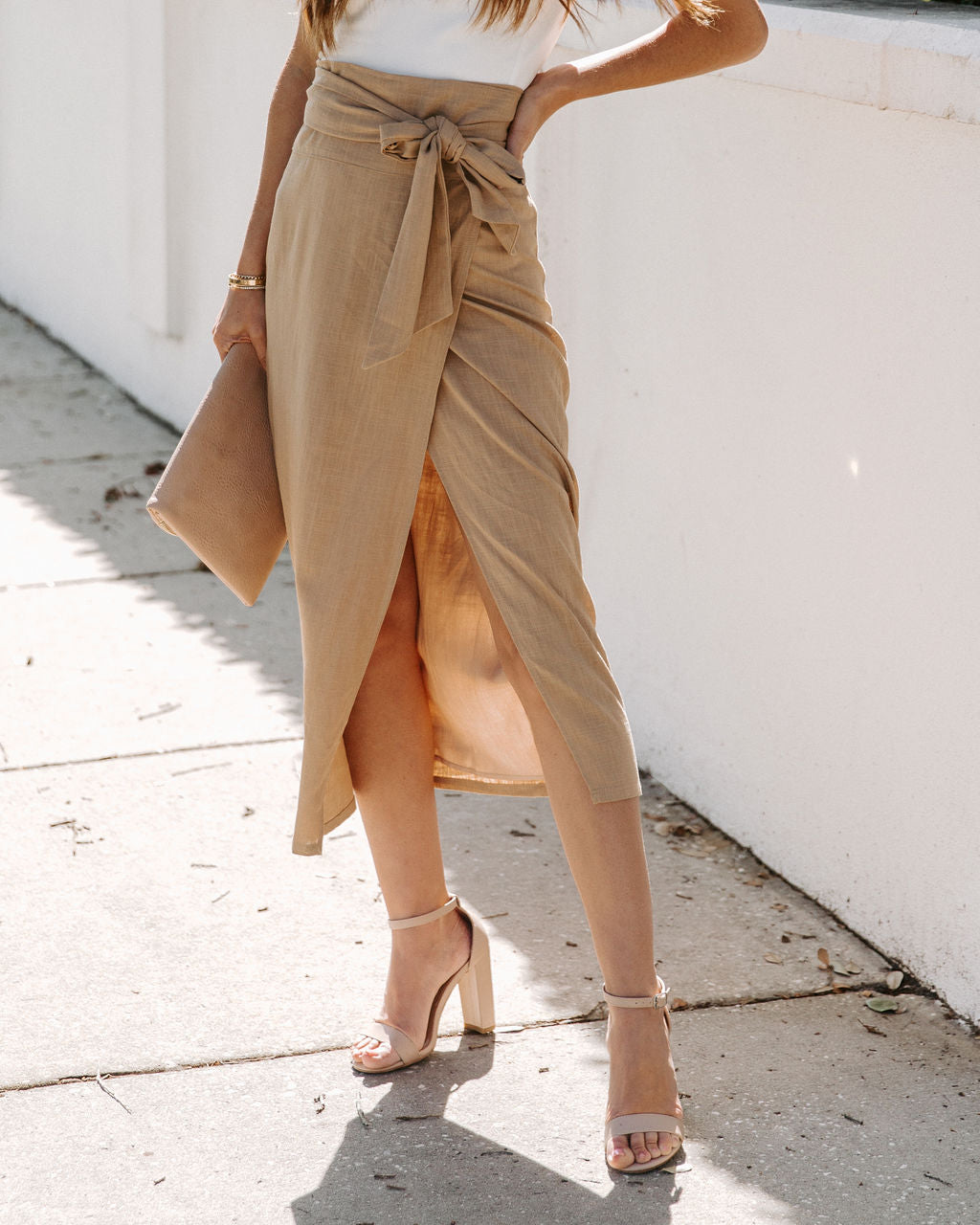 Shelly Linen Blend Wrap Midi Skirt - Khaki