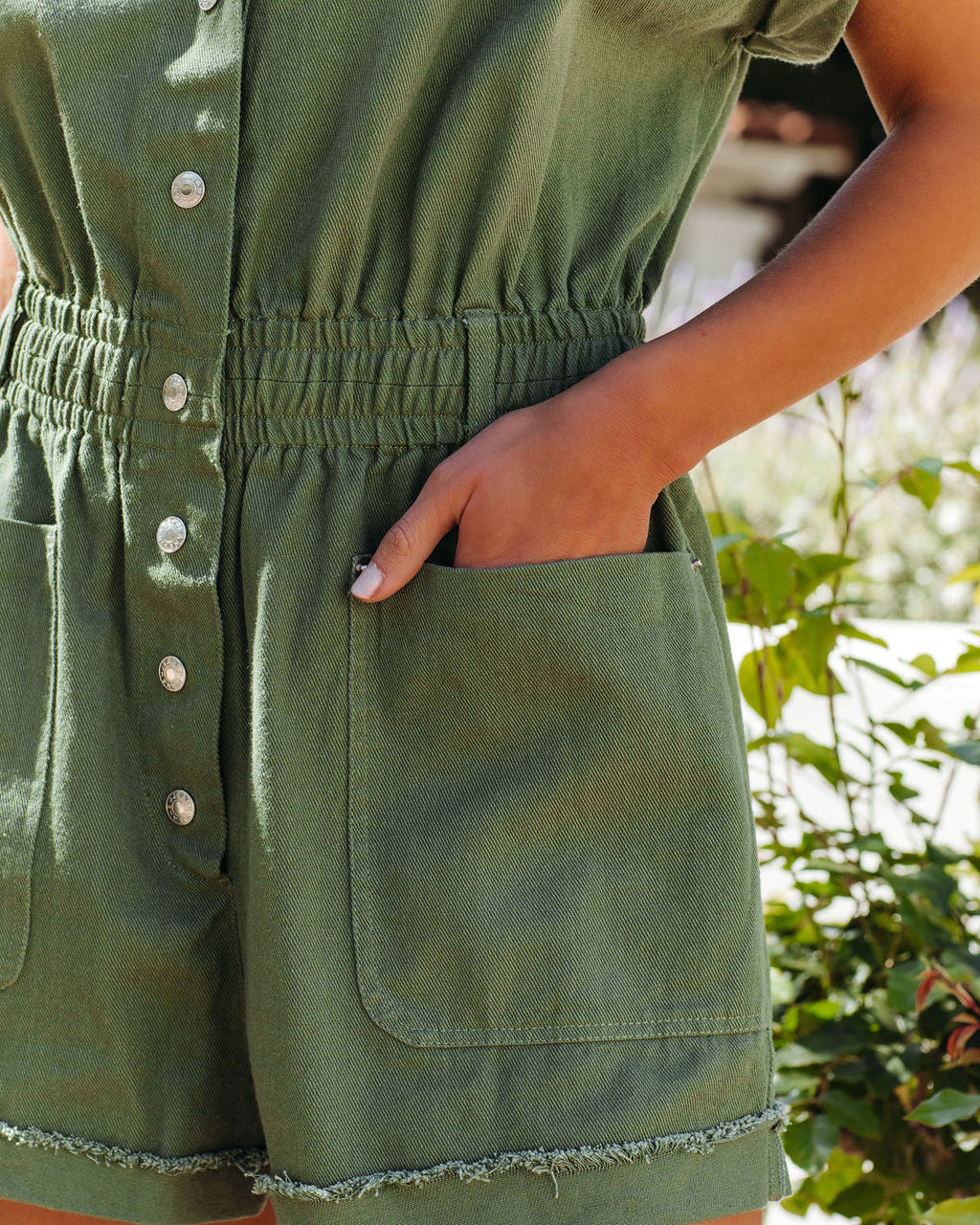 Shelton Cotton Pocketed Denim Romper - Olive