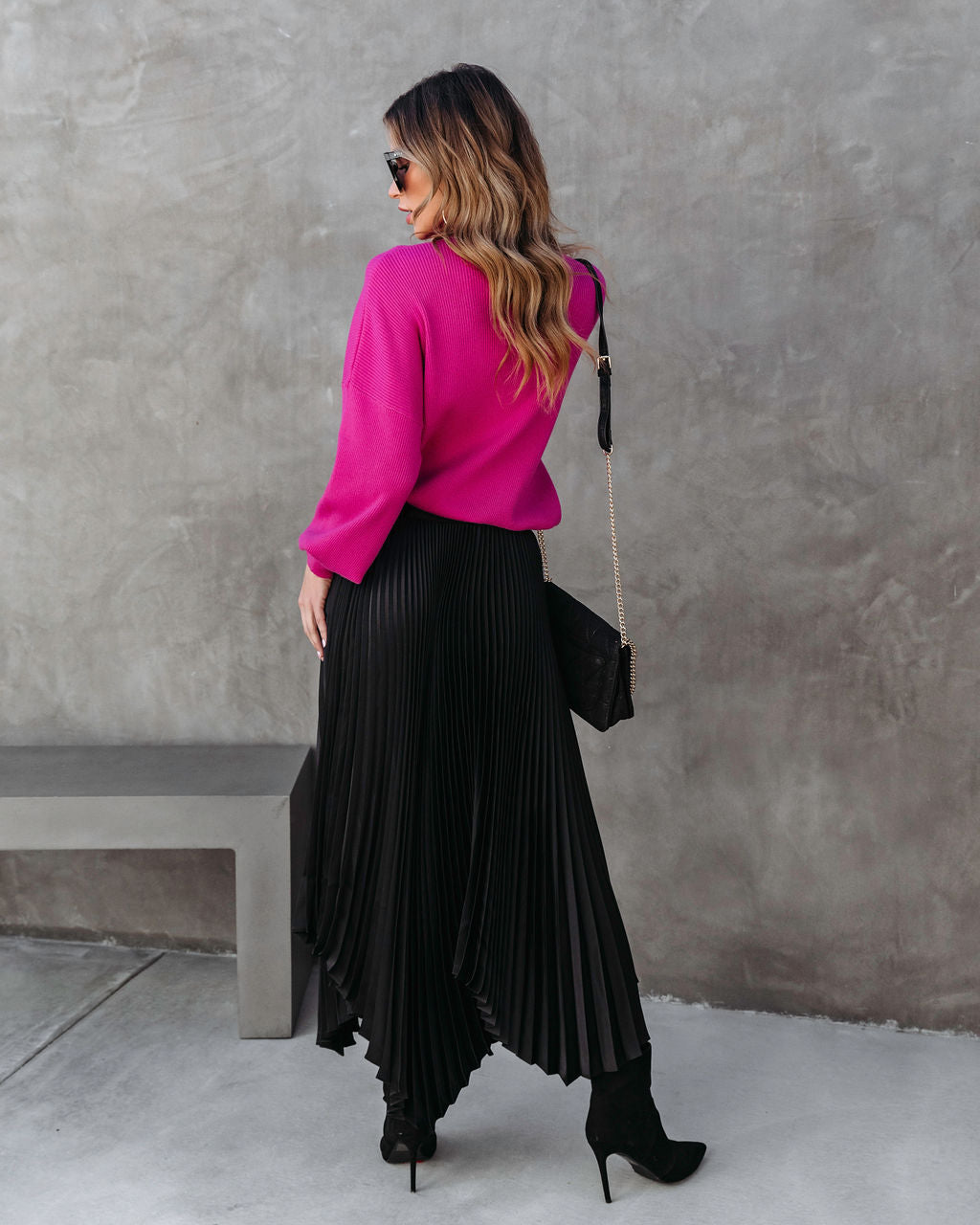 Shiloh Pleated Asymmetrical Midi Skirt - Black