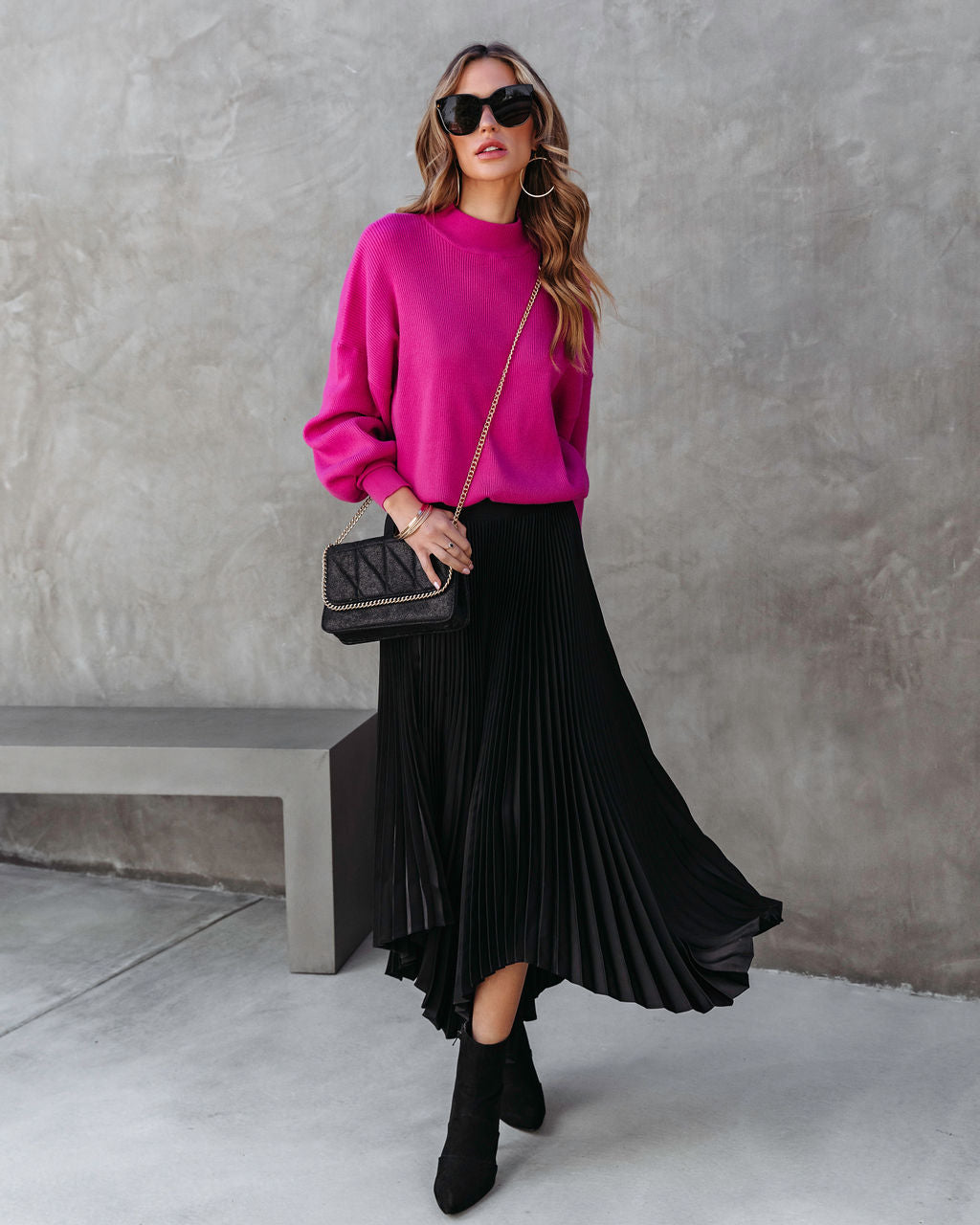 Shiloh Pleated Asymmetrical Midi Skirt - Black