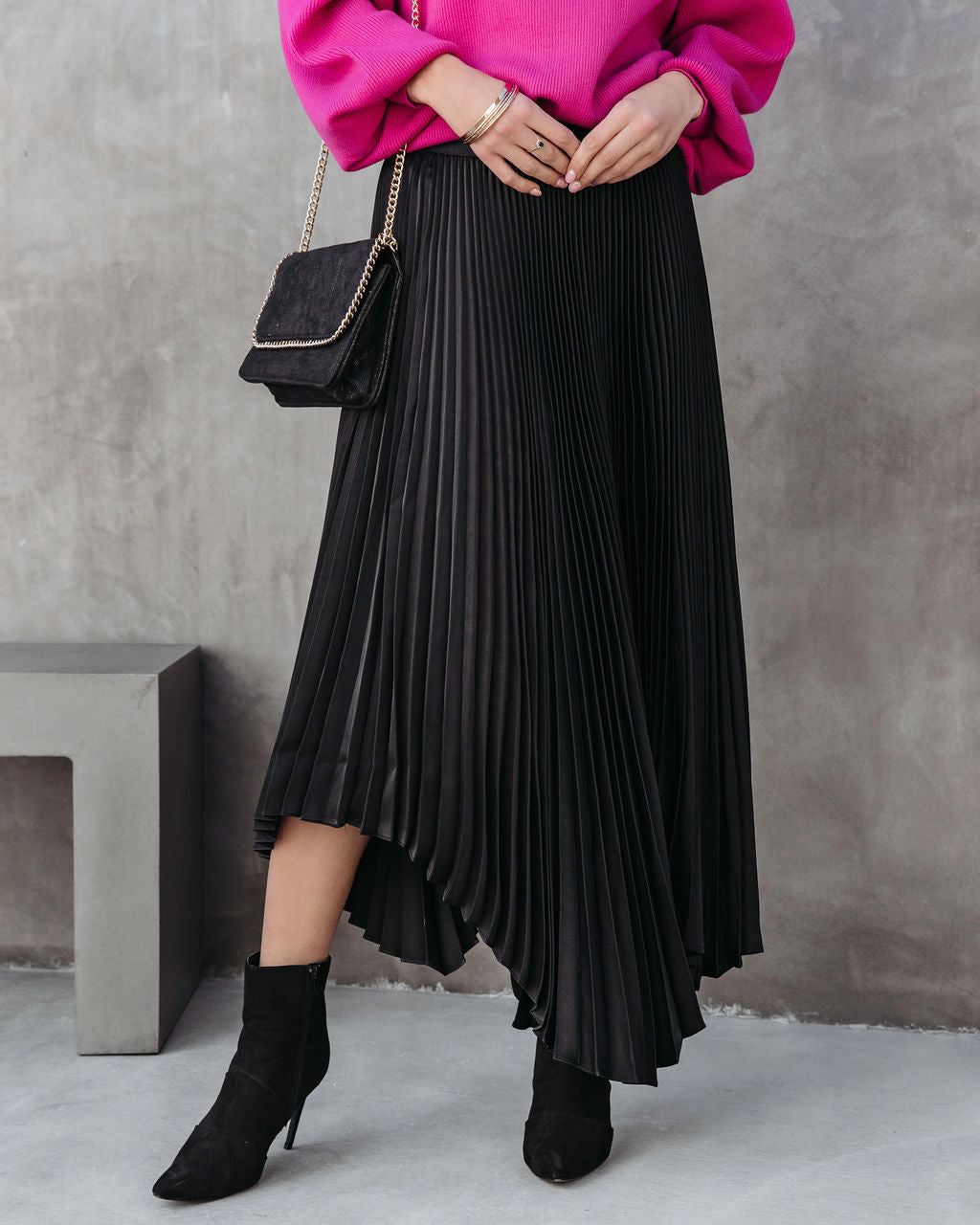 Shiloh Pleated Asymmetrical Midi Skirt - Black