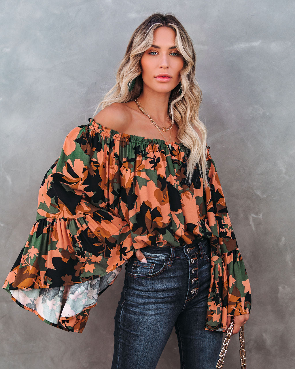 Simba Floral Off The Shoulder Bell Sleeve Top