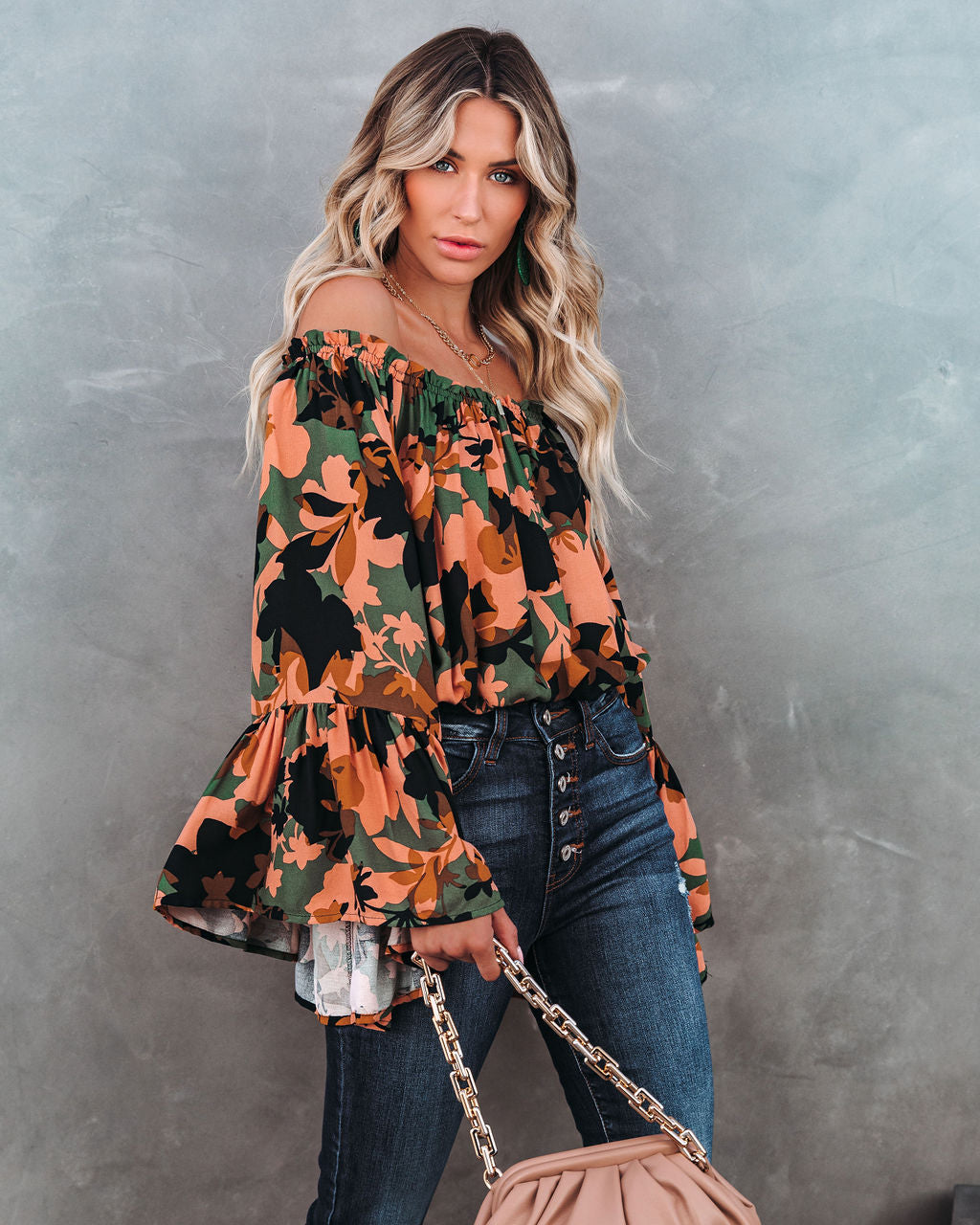 Simba Floral Off The Shoulder Bell Sleeve Top