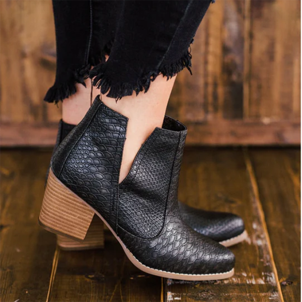 Slip on Cutout Ankle Boots Chunky Stacked Heel Western Booties