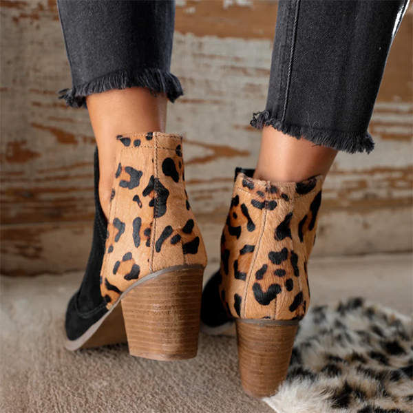 Slip on Cutout Ankle Boots Chunky Stacked Heel Western Booties