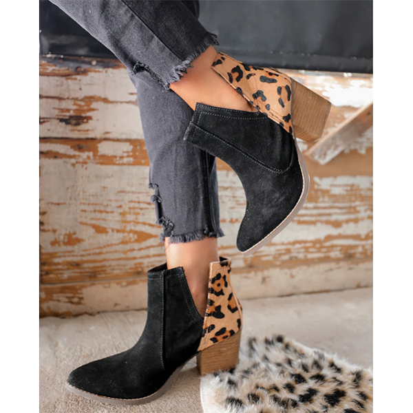 Slip on Cutout Ankle Boots Chunky Stacked Heel Western Booties