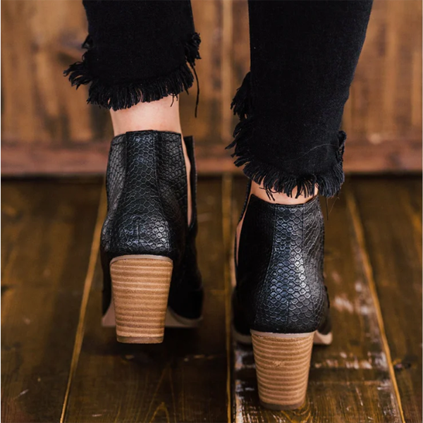 Slip on Cutout Ankle Boots Chunky Stacked Heel Western Booties