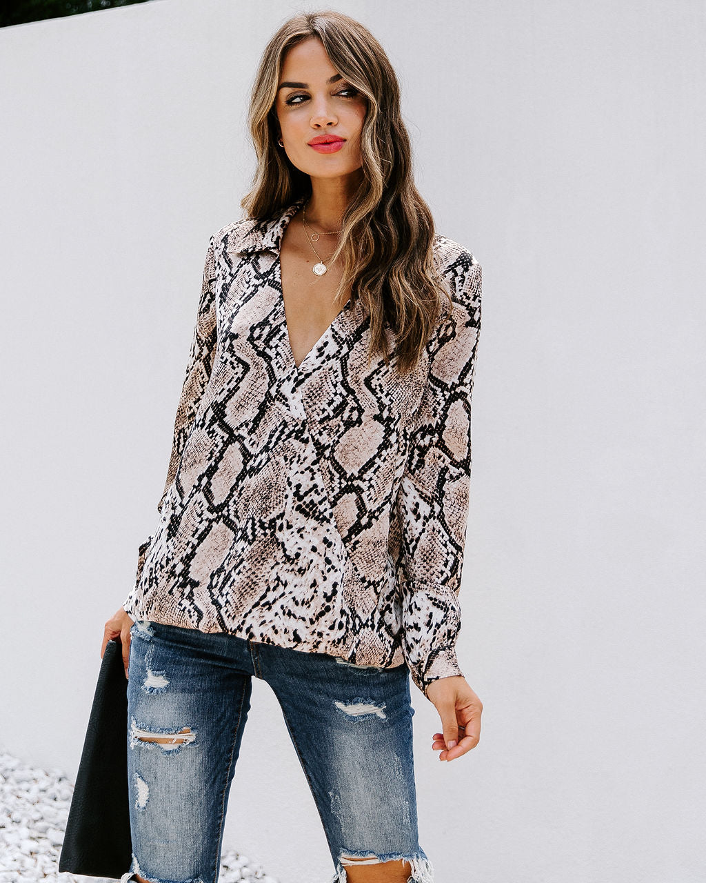 Solomon Collared Snake Print Surplice Blouse