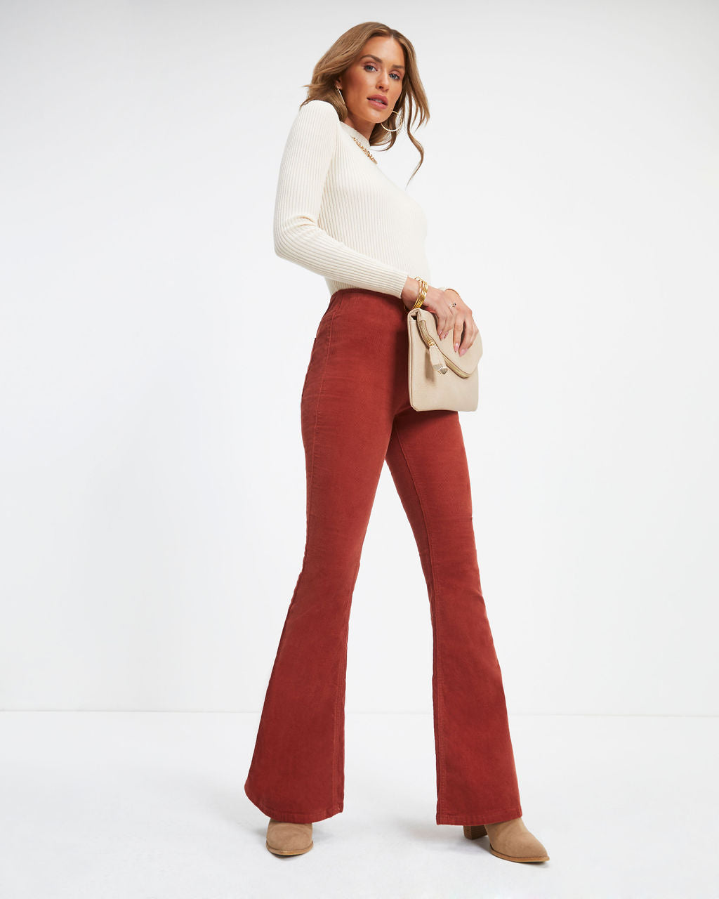 Sophie High Rise Bell Bottom Corduroy Pants - Brick - SALE