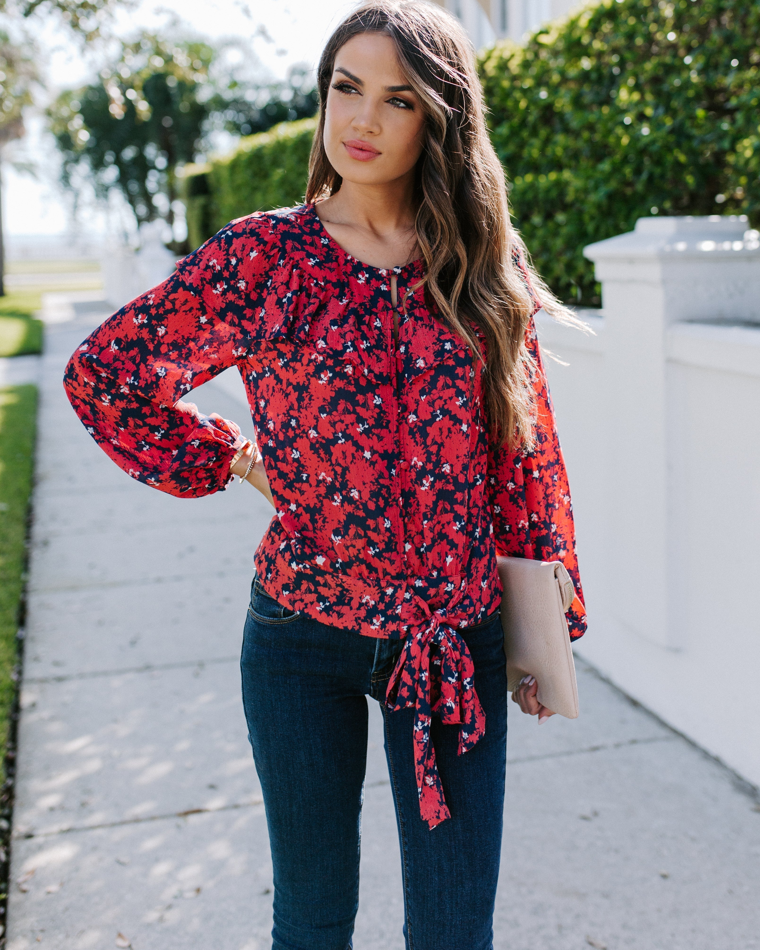 Special Delivery Floral Ruffle Tie Blouse