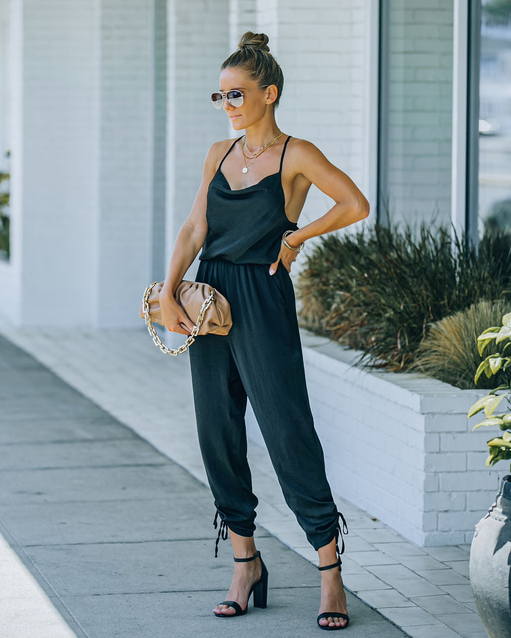 Spiffy Pocketed Satin Ruched Jumpsuit