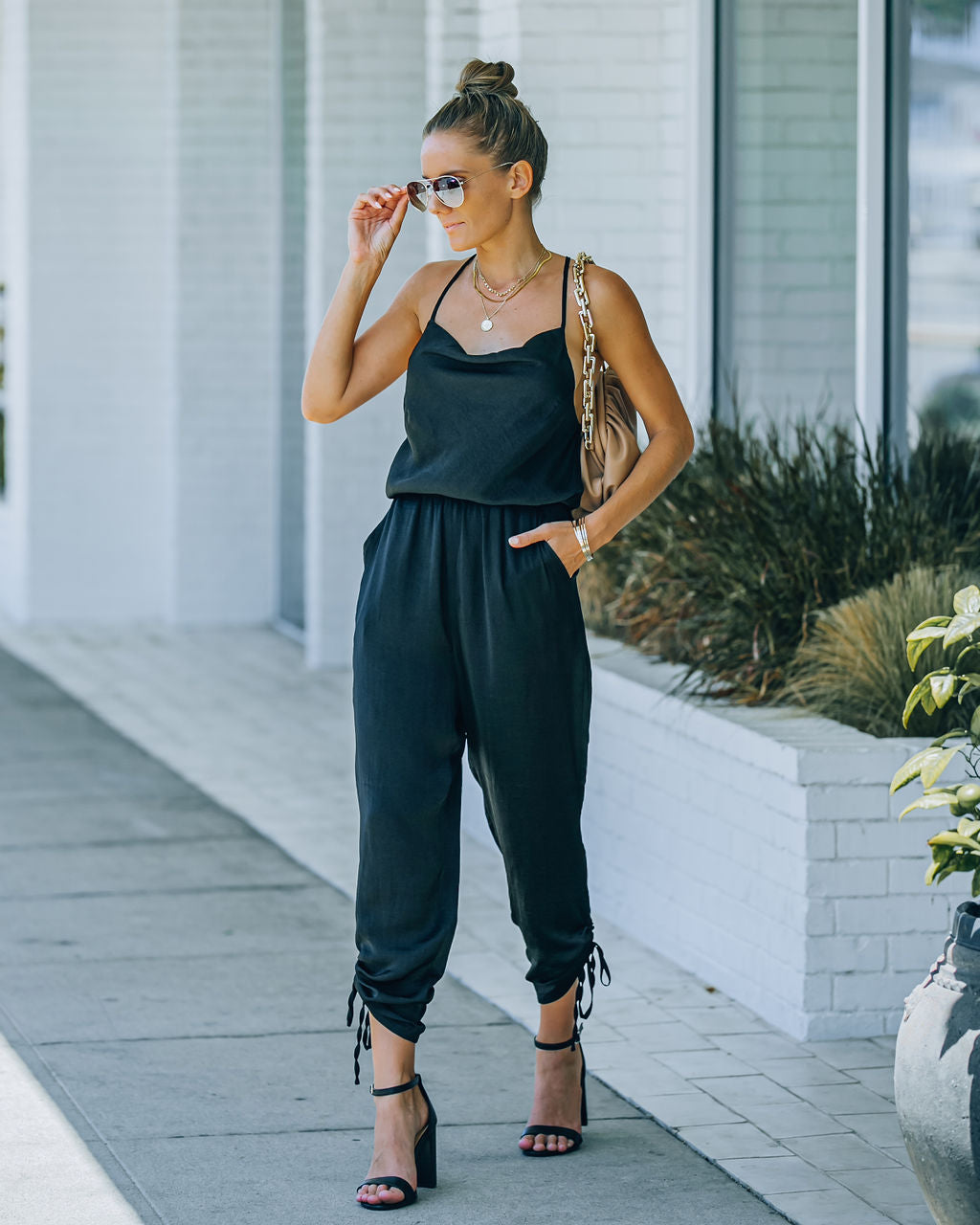 Spiffy Pocketed Satin Ruched Jumpsuit