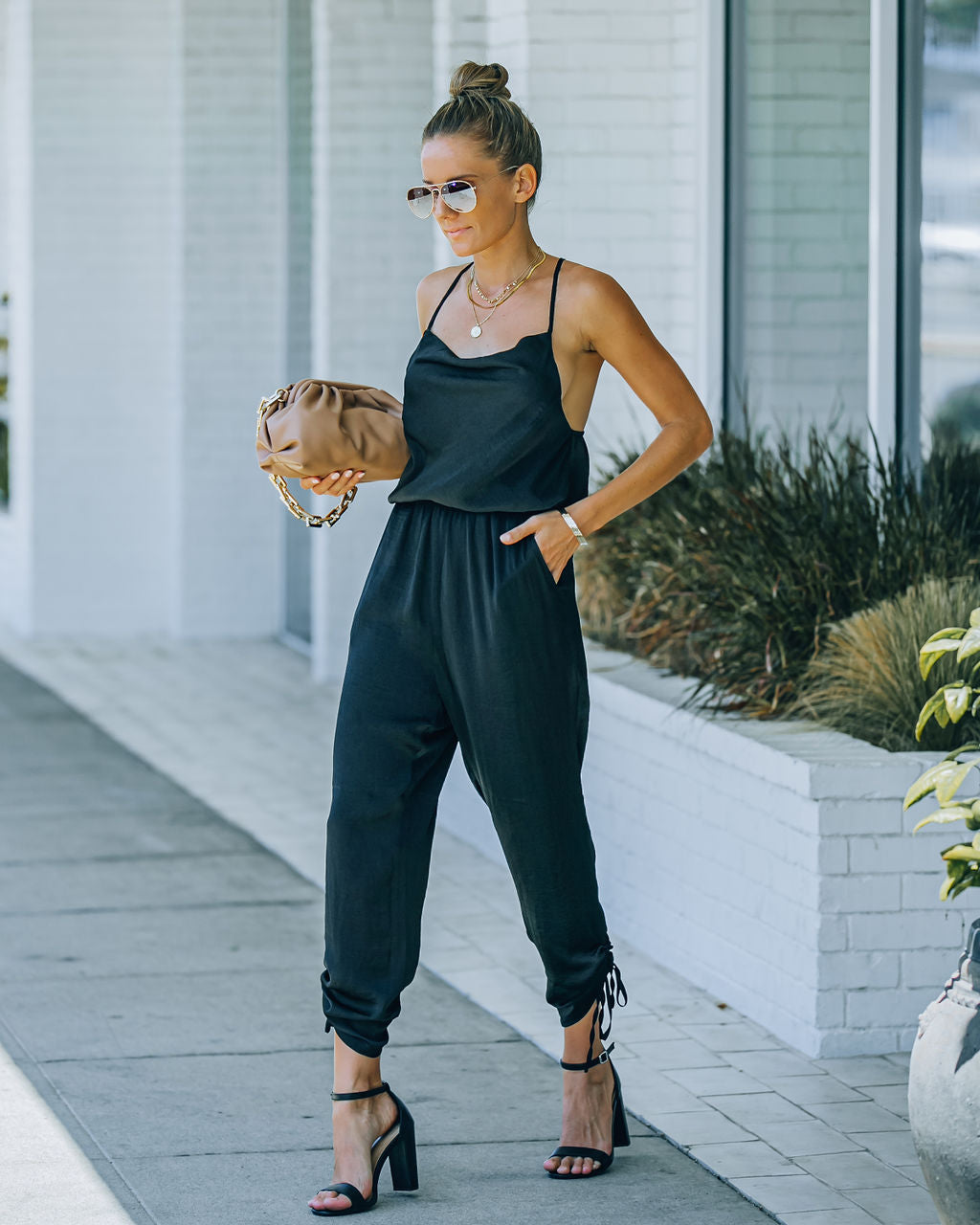 Spiffy Pocketed Satin Ruched Jumpsuit