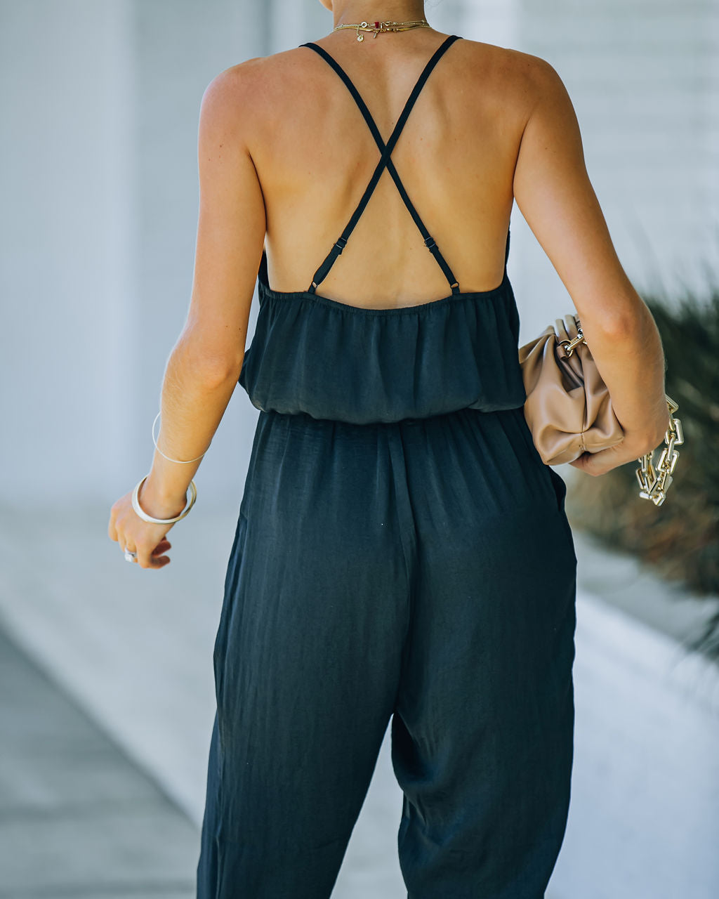 Spiffy Pocketed Satin Ruched Jumpsuit