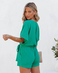 Spring Scene Pocketed Tie Romper - Jade