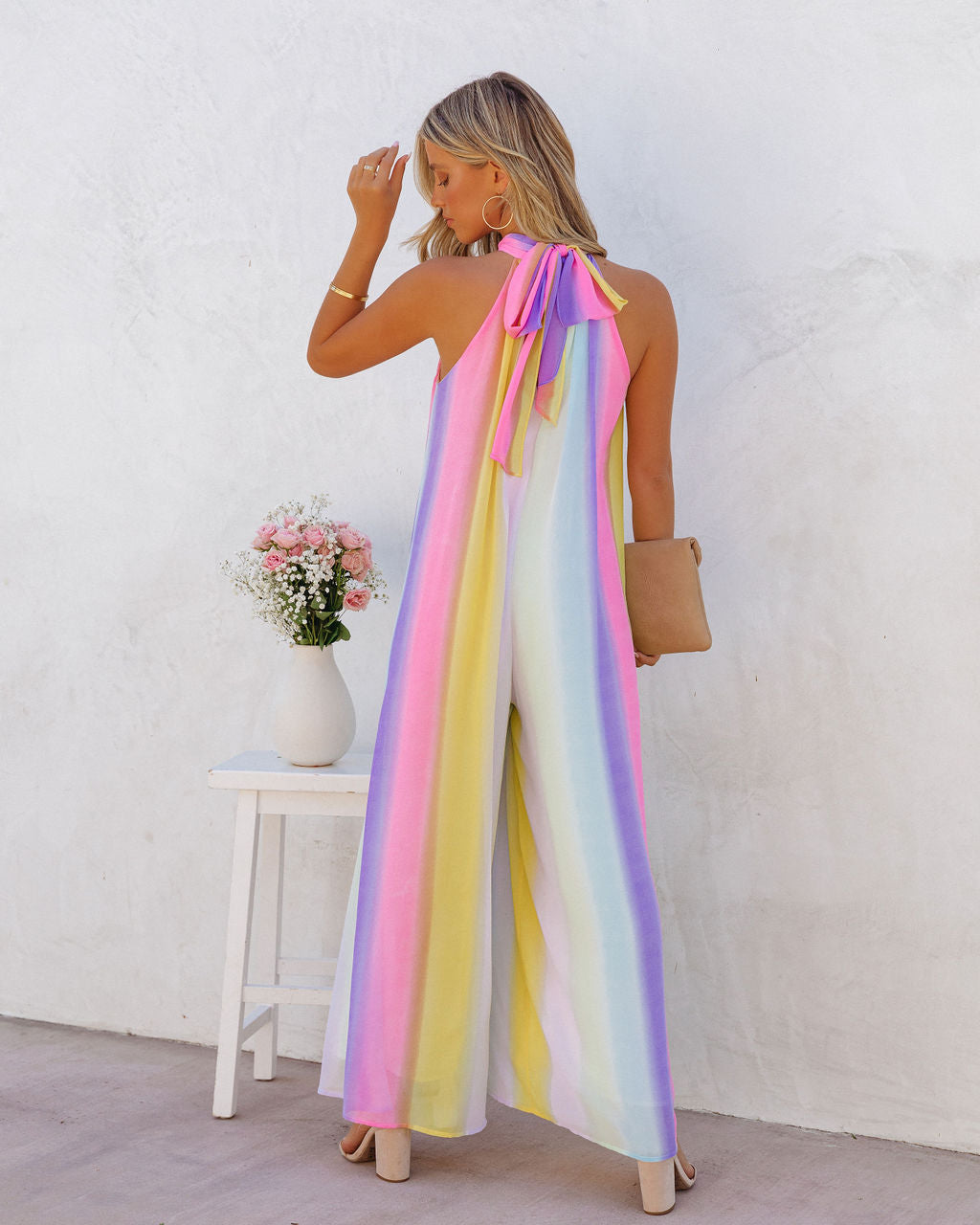 Springtime State Of Mind Striped Flowy Jumpsuit - Rainbow