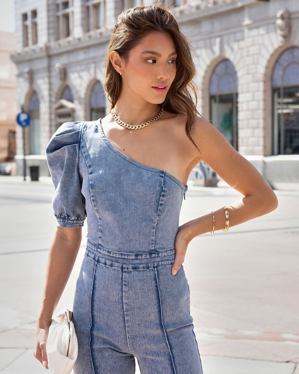 Stand Out Type One Shoulder Acid Wash Jumpsuit