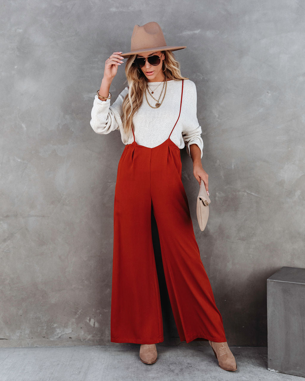 Stand Out Wide Leg Adjustable Overalls - Rust