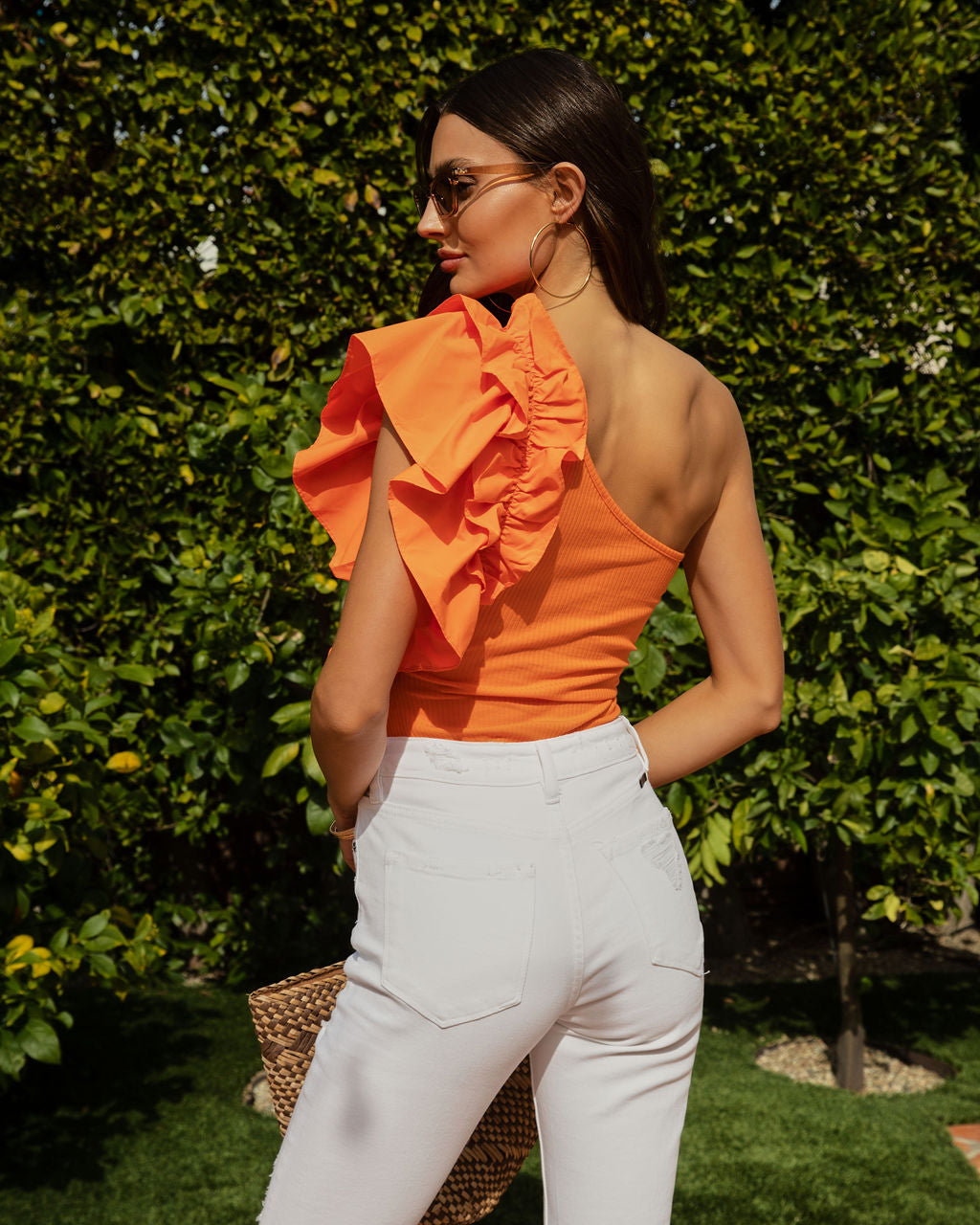 Statement Maker Ribbed One Shoulder Ruffle Bodysuit - Orange