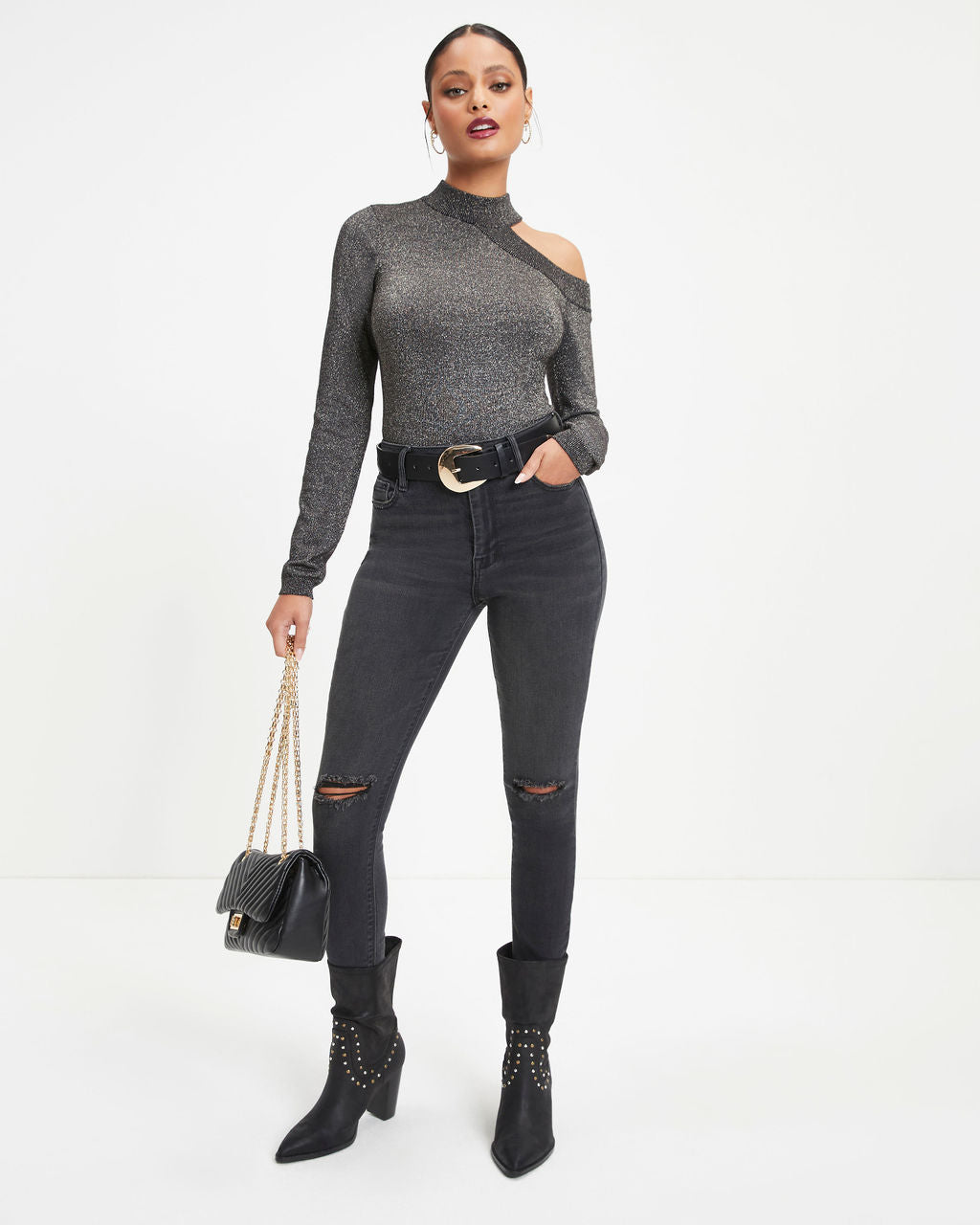 Stronger Than You Knit Metallic Cutout Bodysuit