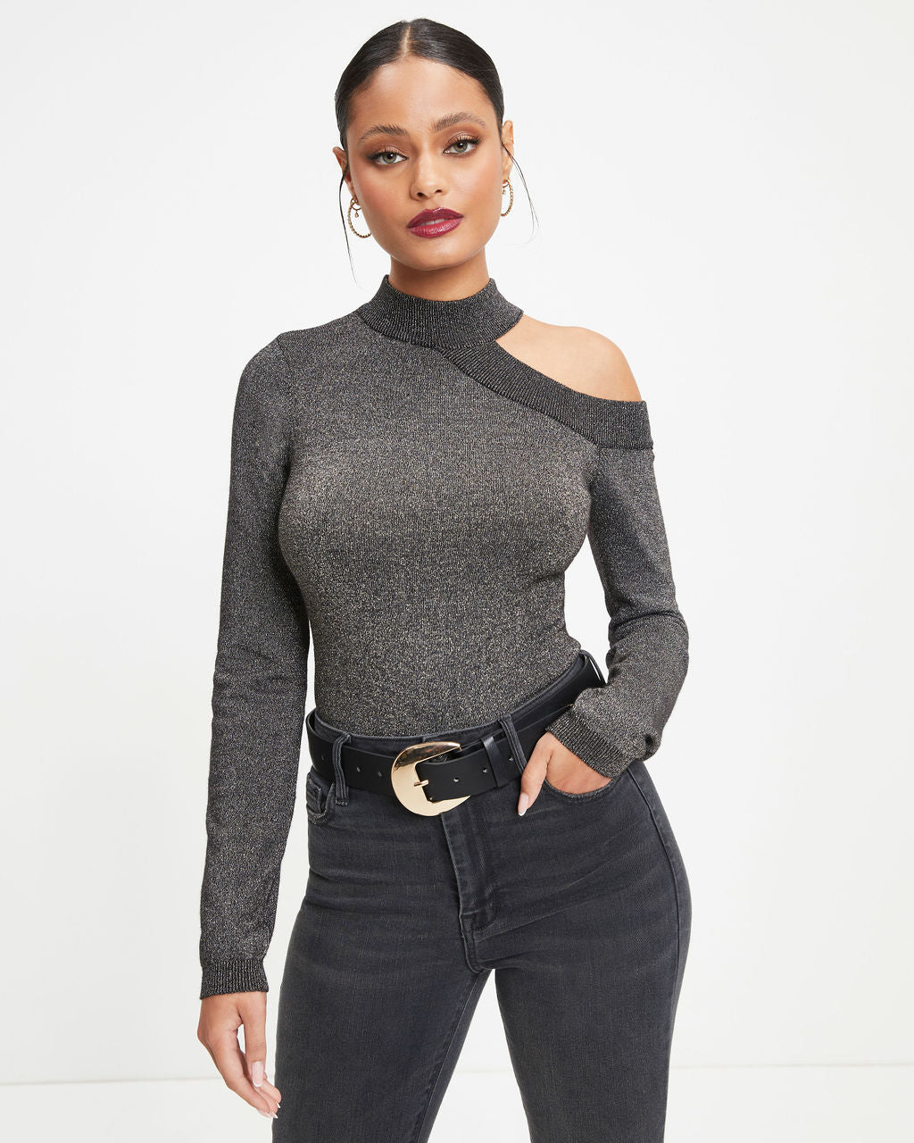 Stronger Than You Knit Metallic Cutout Bodysuit