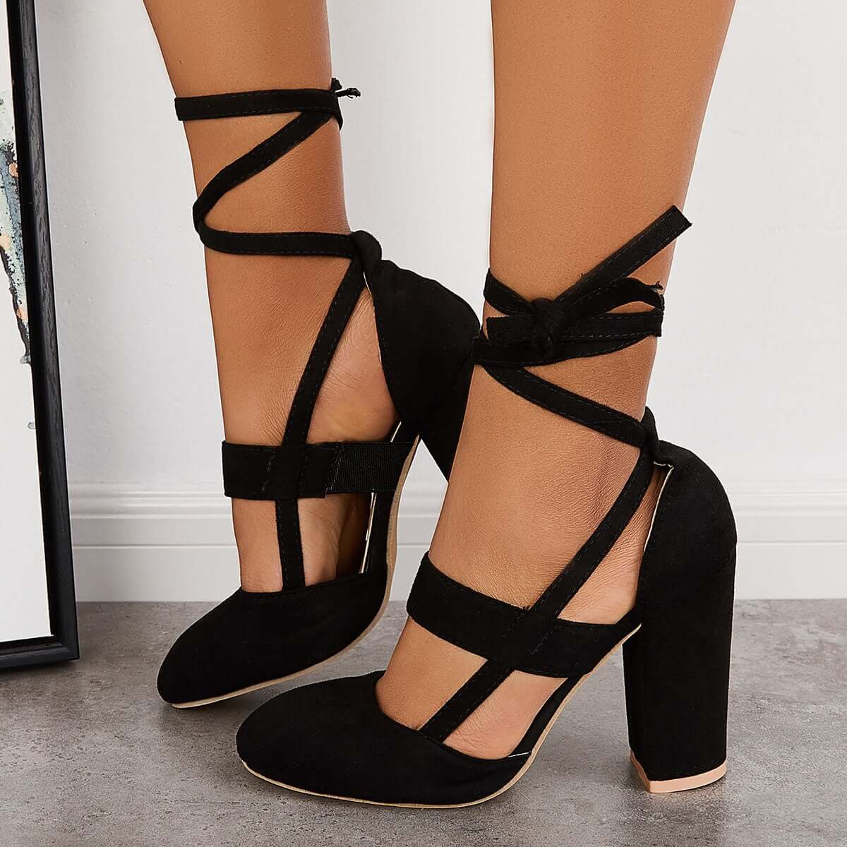 Suisecloths Chunky Block High Heels Lace Up Dress Sandals Ankle Strappy Pumps