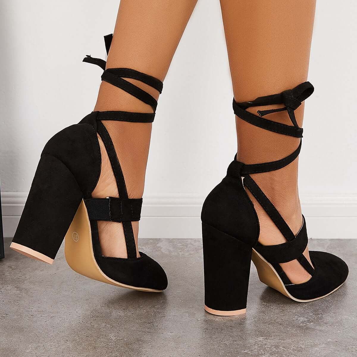 Suisecloths Chunky Block High Heels Lace Up Dress Sandals Ankle Strappy Pumps