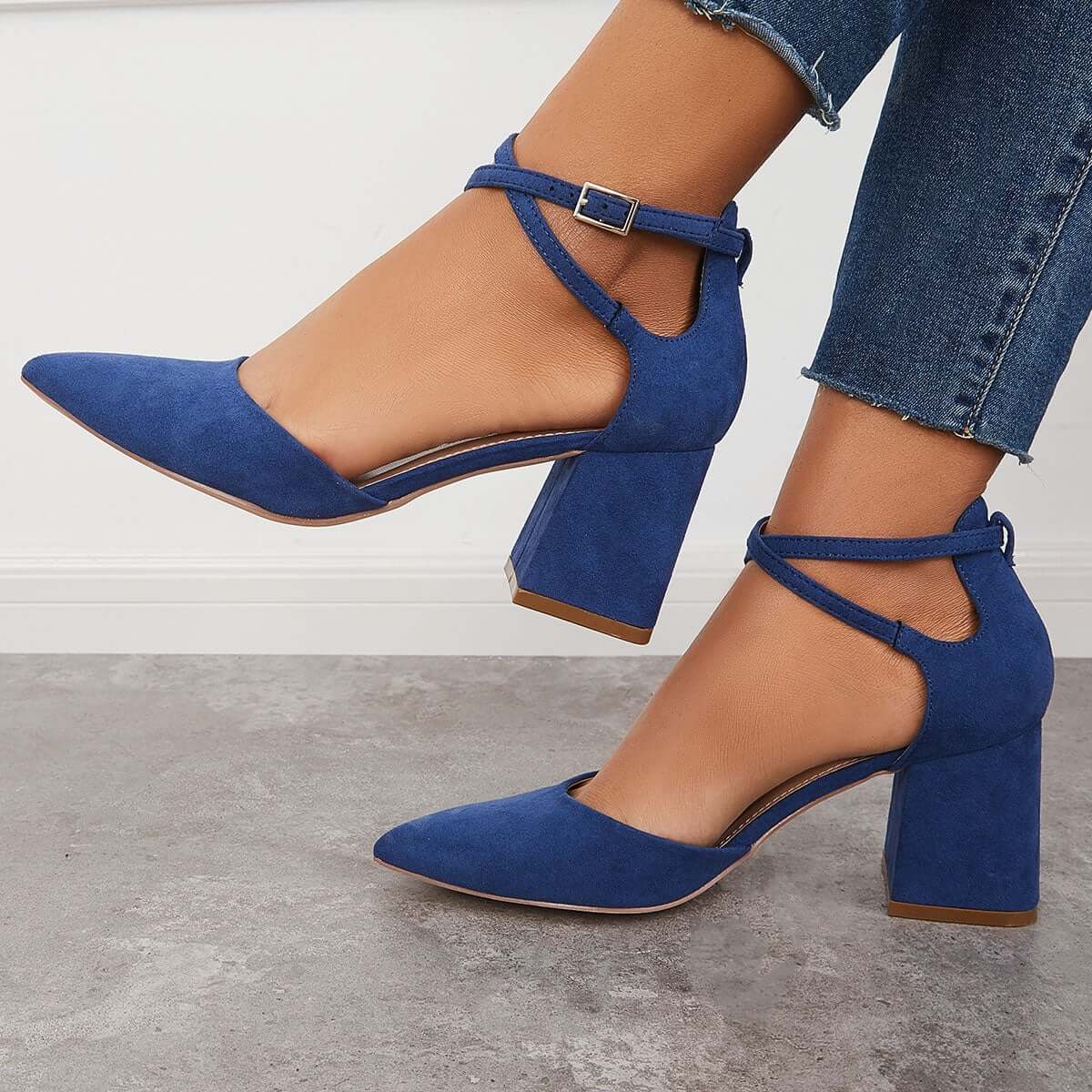 Suisecloths Chunky Block Low Heel Pumps Pointed Toe Ankle Strap Heels