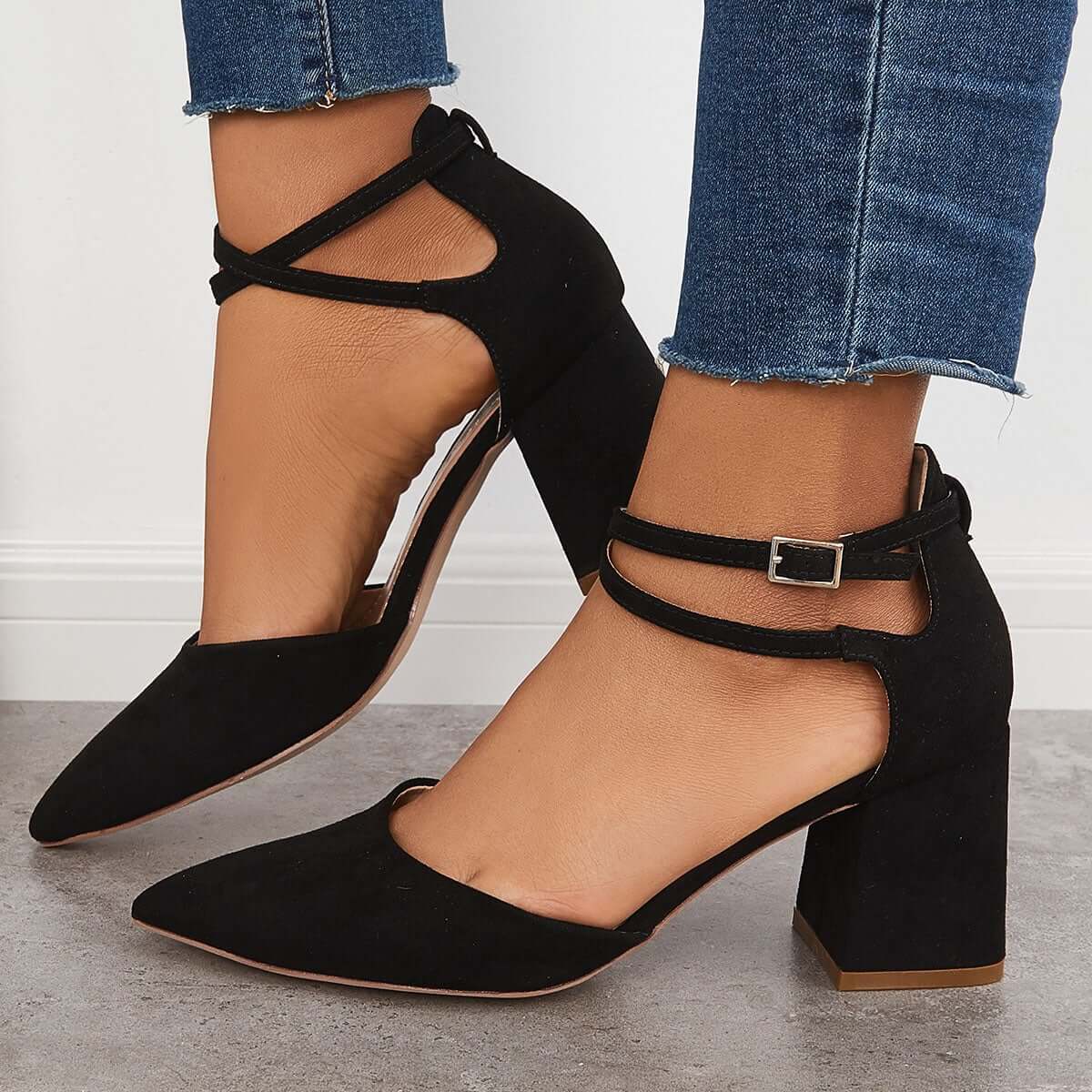 Suisecloths Chunky Block Low Heel Pumps Pointed Toe Ankle Strap Heels