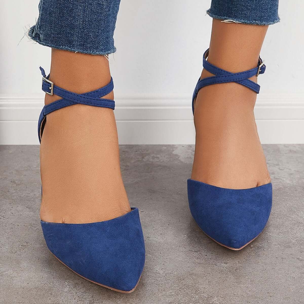 Suisecloths Chunky Block Low Heel Pumps Pointed Toe Ankle Strap Heels