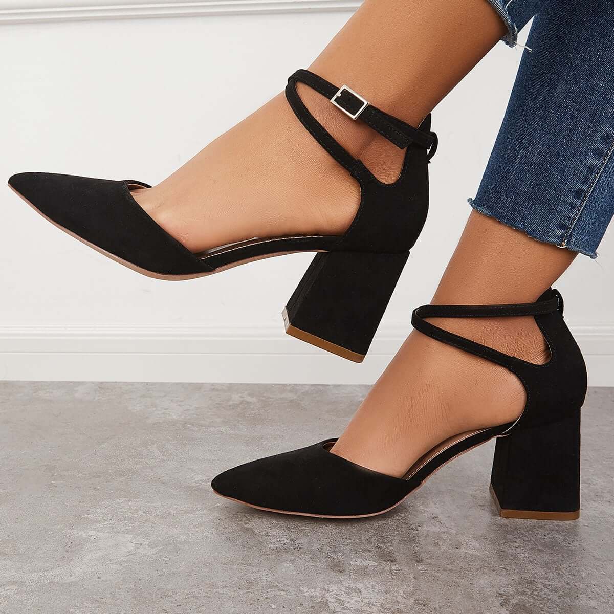 Suisecloths Chunky Block Low Heel Pumps Pointed Toe Ankle Strap Heels