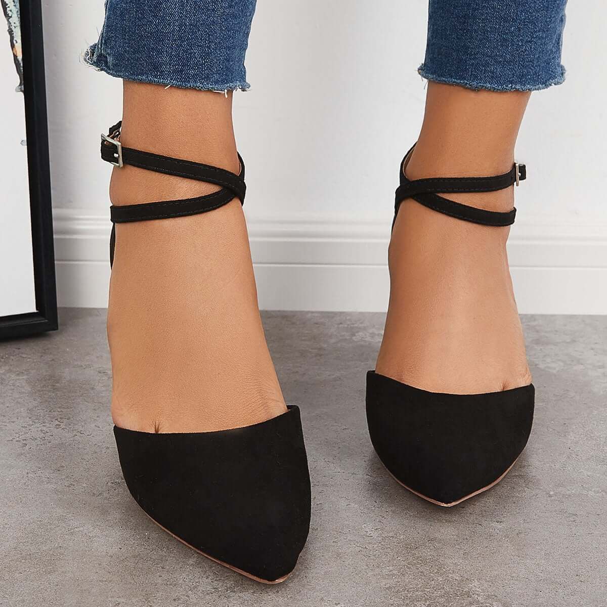 Suisecloths Chunky Block Low Heel Pumps Pointed Toe Ankle Strap Heels