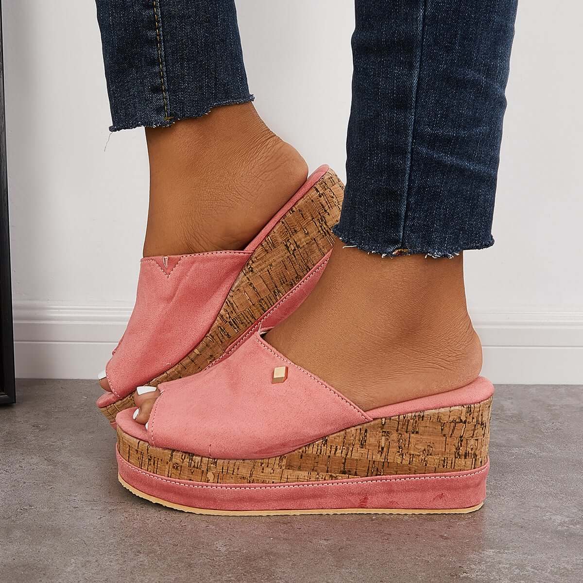 Suisecloths Comfortable Cork Footbed Slip-on Sandals Platform Wedge Slippers
