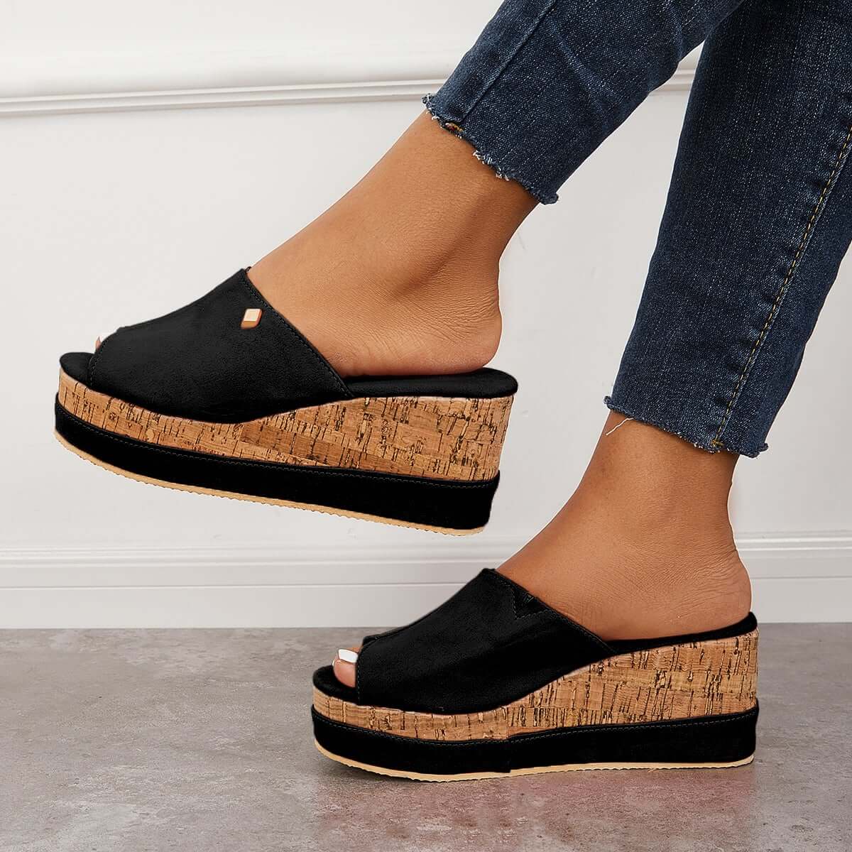 Suisecloths Comfortable Cork Footbed Slip-on Sandals Platform Wedge Slippers