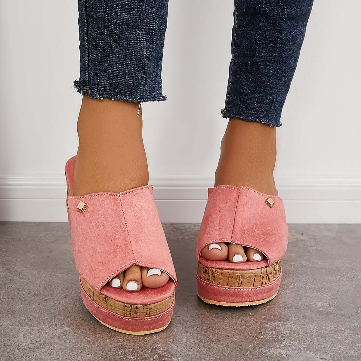 Suisecloths Comfortable Cork Footbed Slip-on Sandals Platform Wedge Slippers