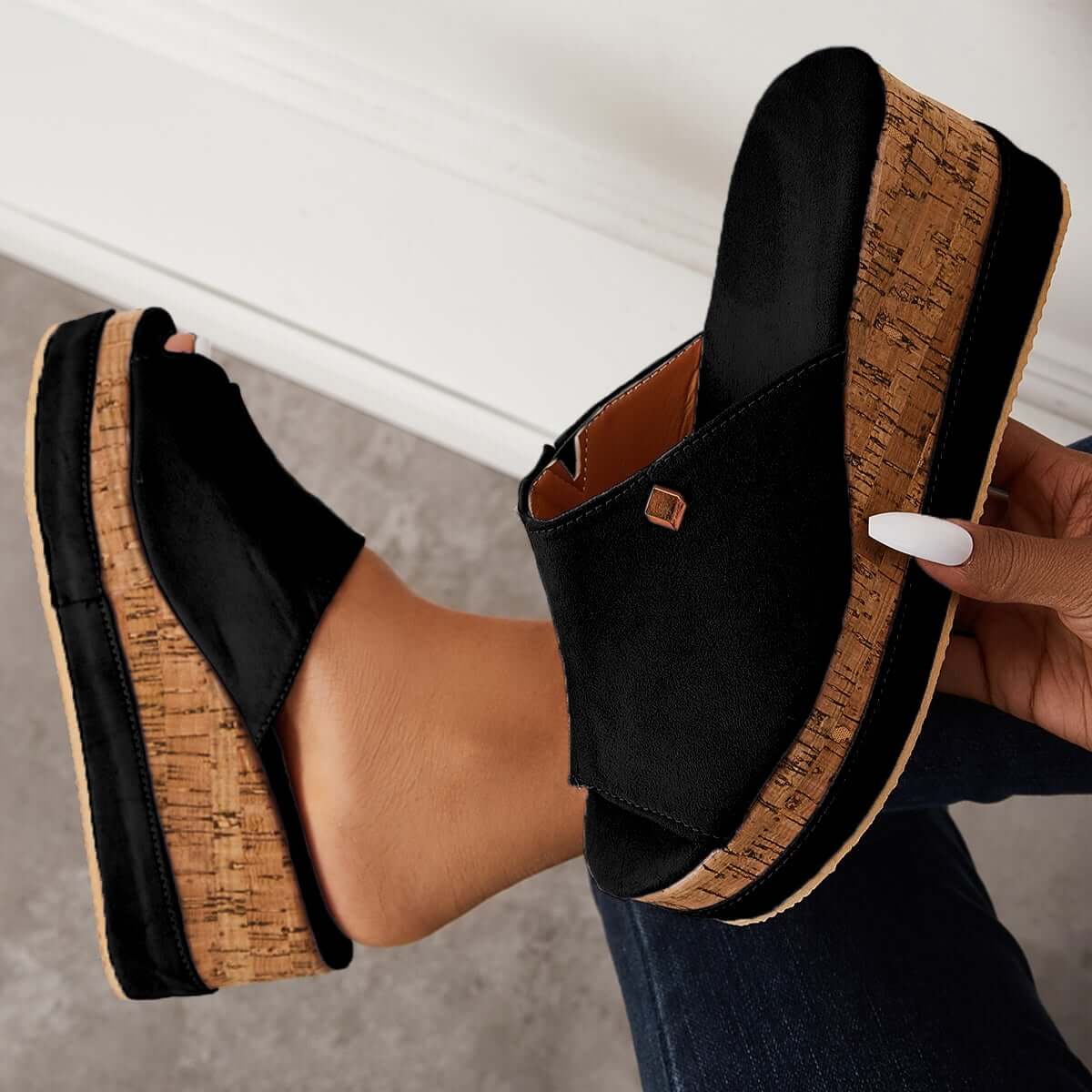 Suisecloths Comfortable Cork Footbed Slip-on Sandals Platform Wedge Slippers