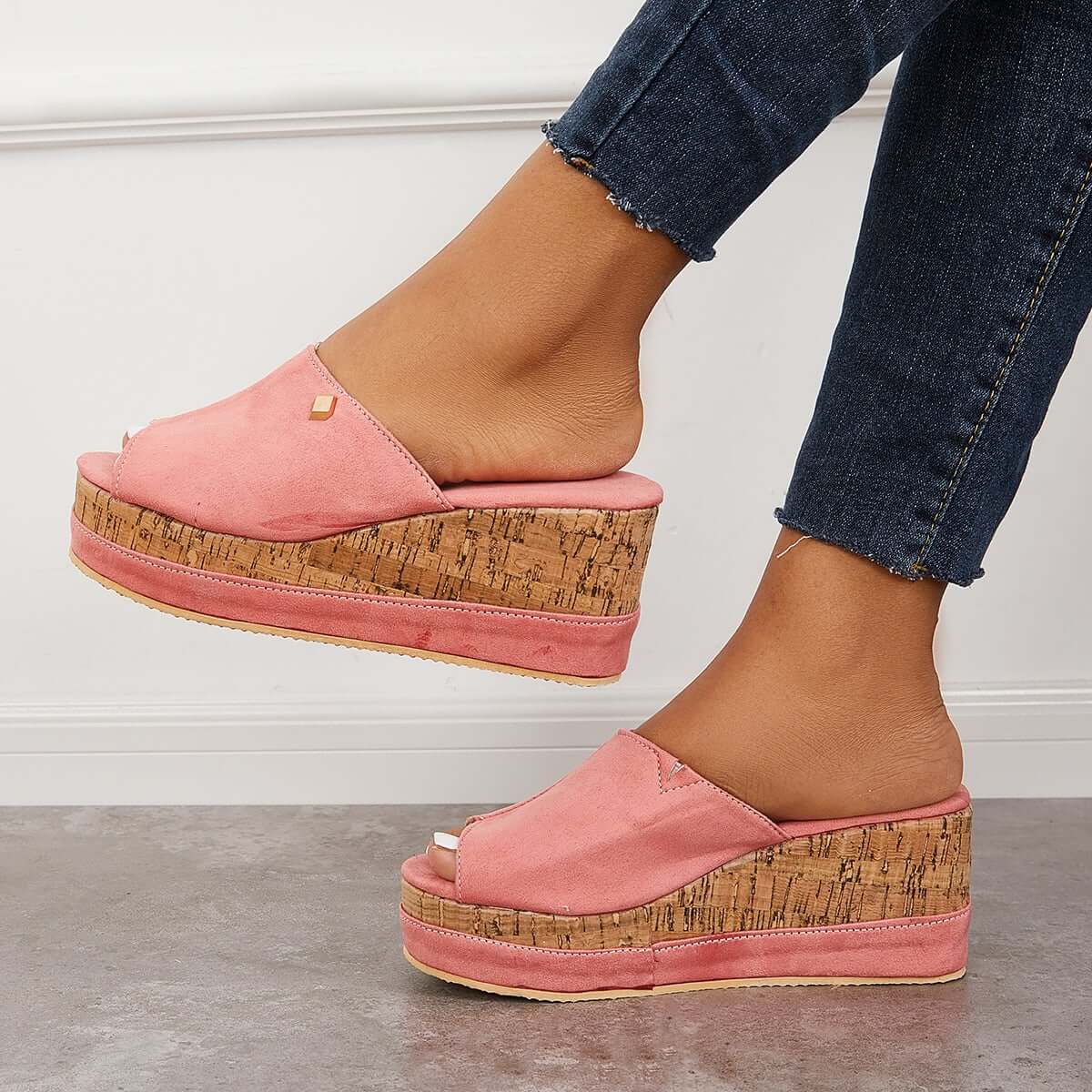Suisecloths Comfortable Cork Footbed Slip-on Sandals Platform Wedge Slippers