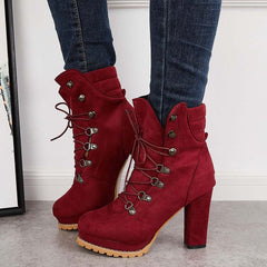 Suisecloths Non Slip Chunky Platform High Heels Lace Up Ankle Boots