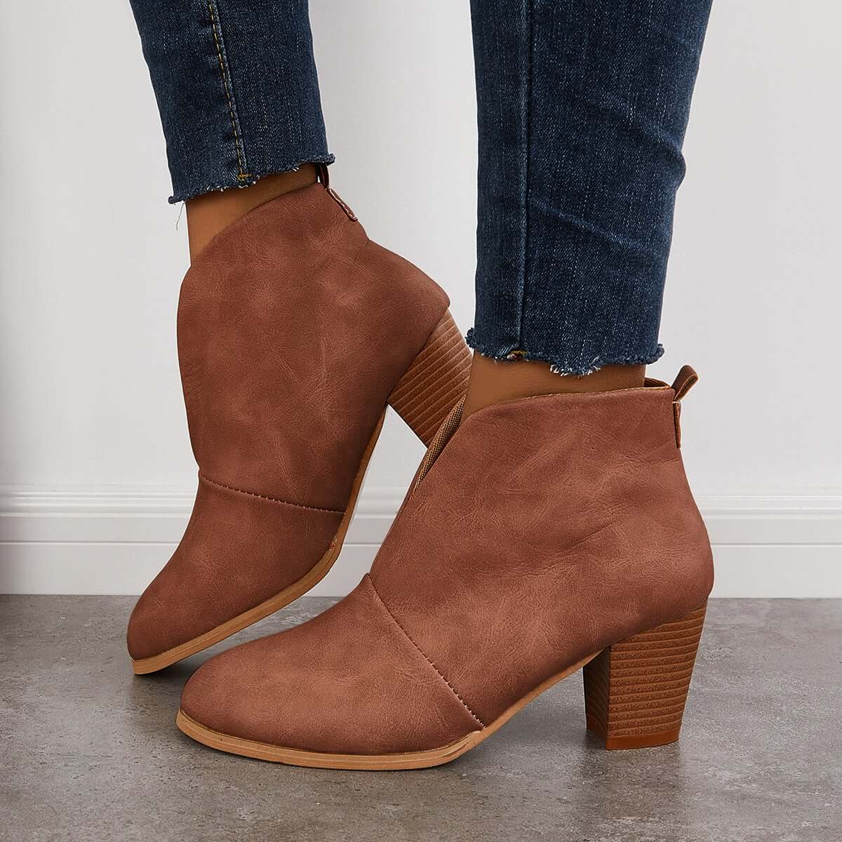 Suisecloths Retro Western V Cut Ankle Boots Slip On Chunky Stacked Heel Booties